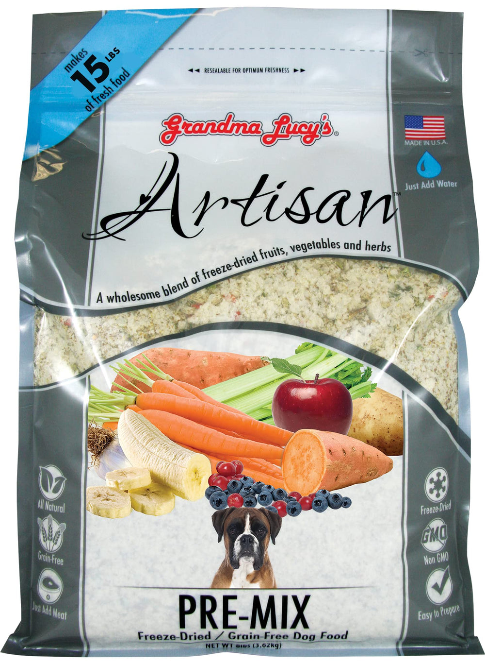 Grandma Lucy's Premezcla Artesanal para perro, bolsa 3lb, complemento práctico de proteína.