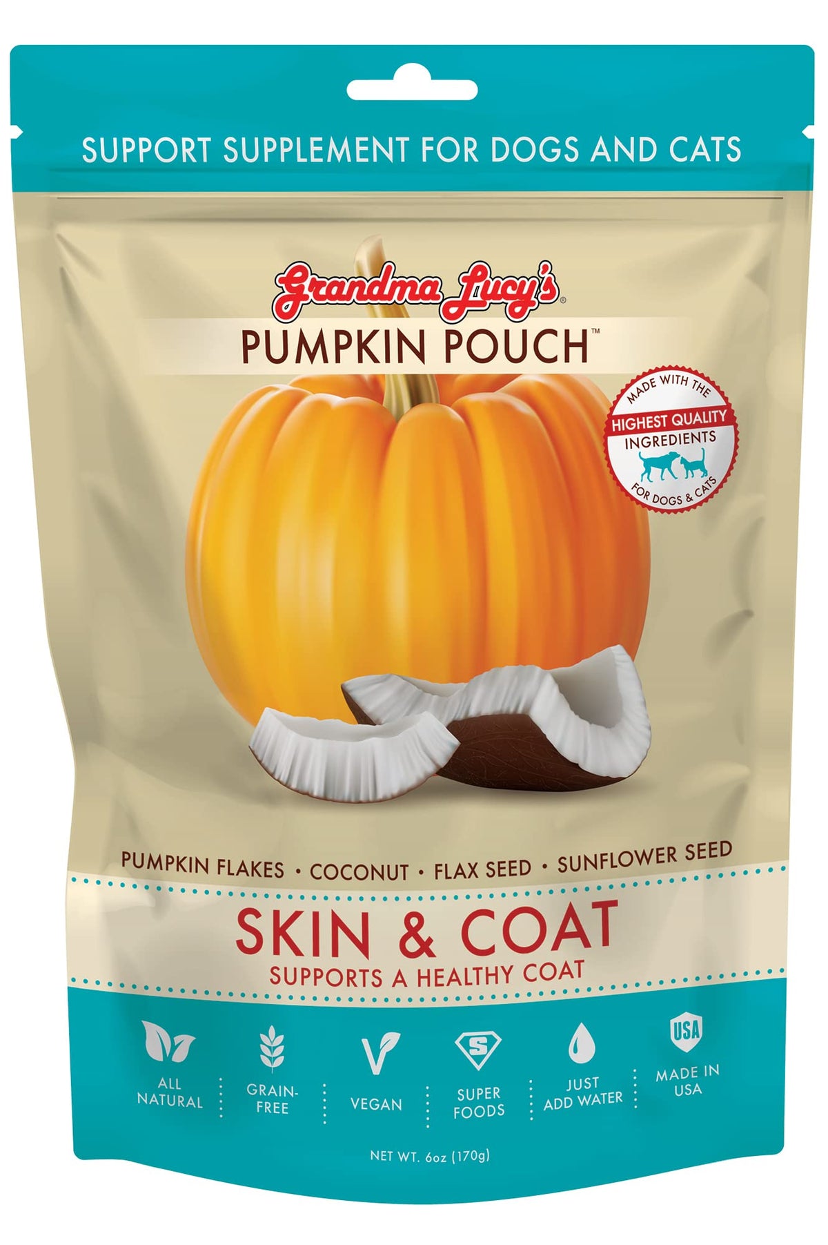 Grandma Lucy's Pumpkin Pouch muestra piel y brillo para un pelaje saludable.