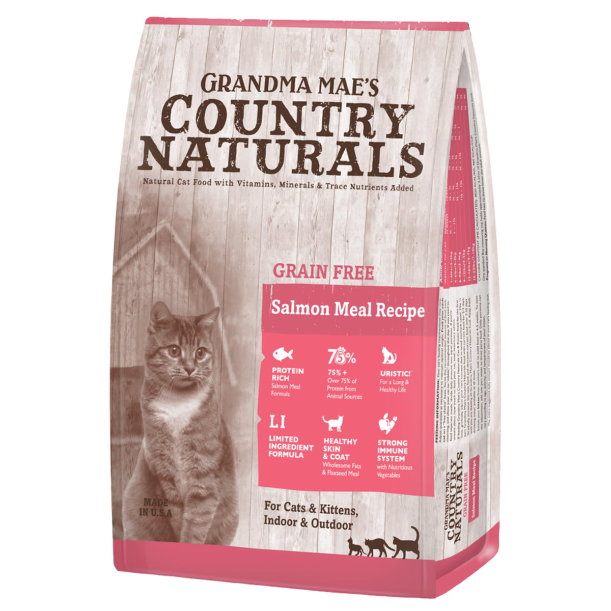 Grandma Mae's Country Naturals croquetas secas de salmón para gatos, favorece la digestión suave.