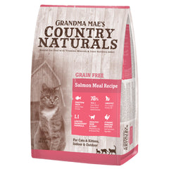 Grandma Mae's Country Naturals croquetas secas de salmón para gatos, favorece la digestión suave.