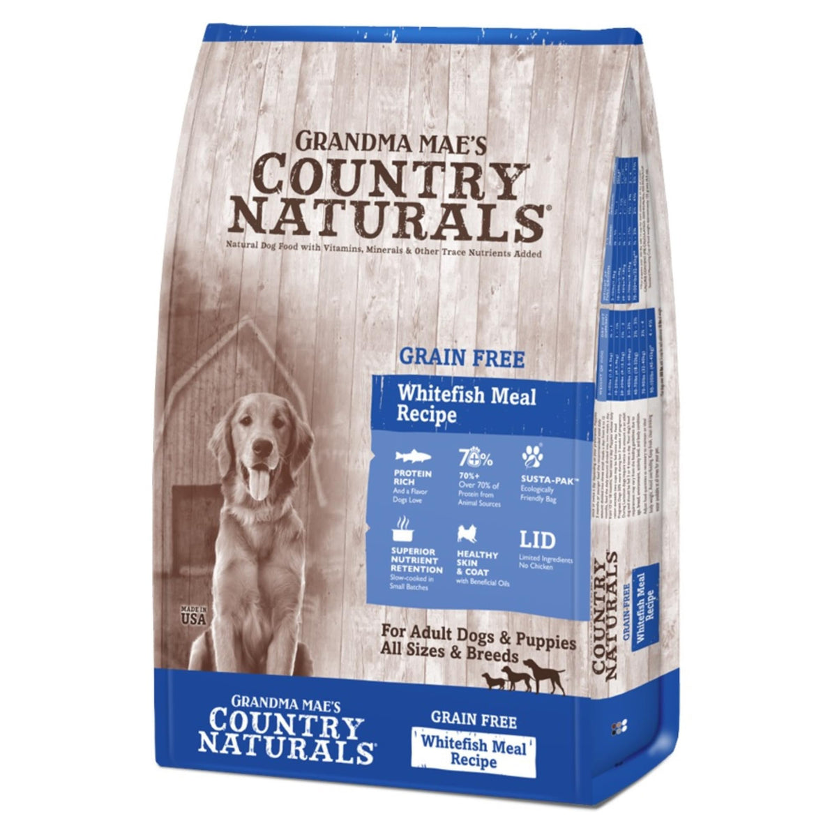 Grandma Maes Country Naturals, alimento seco de pescado blanco, nutrición equilibrada sin granos para perros.