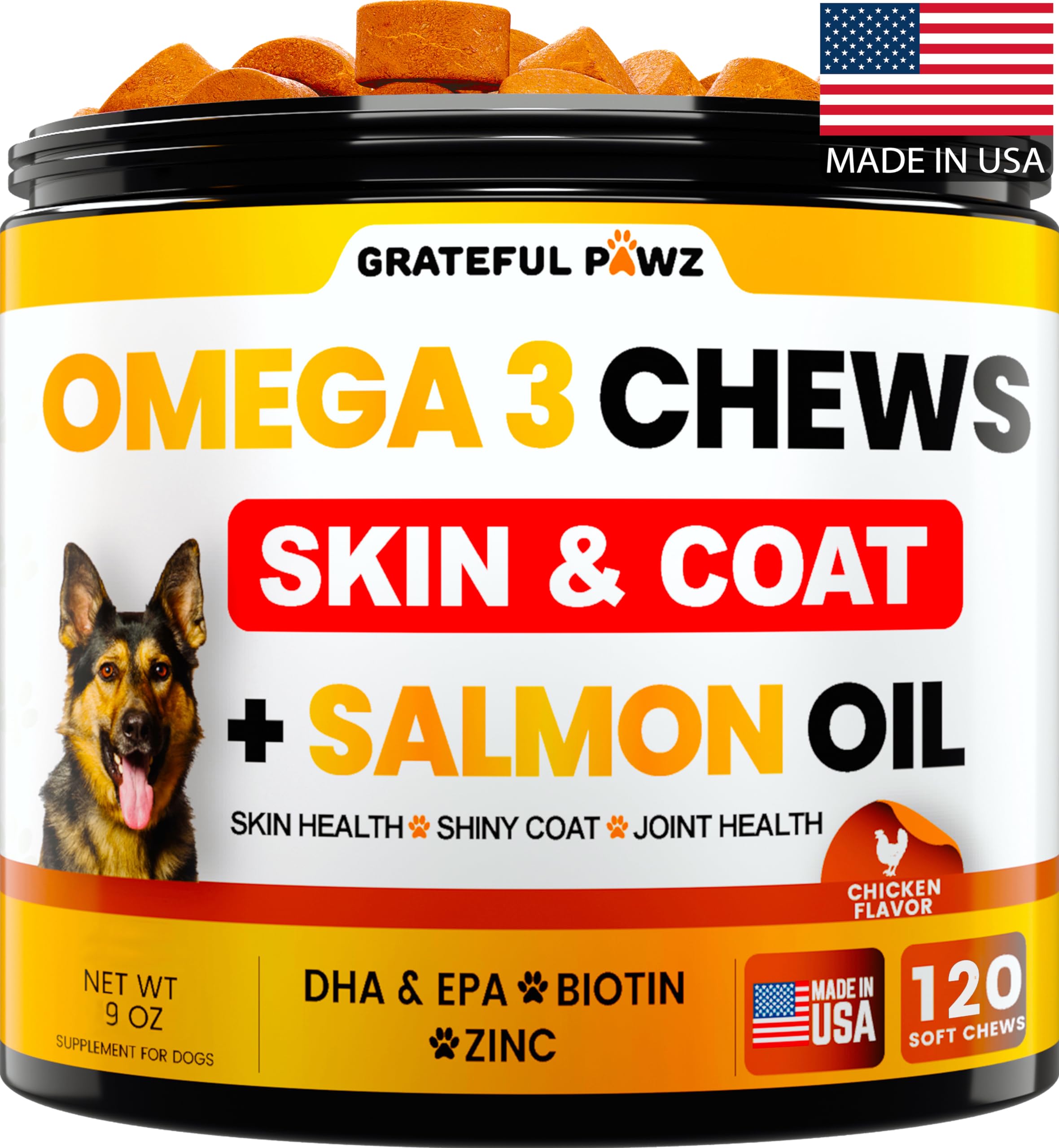Grateful Pawz omega-3 para perros, bote que facilita la ingesta y el cuidado general.