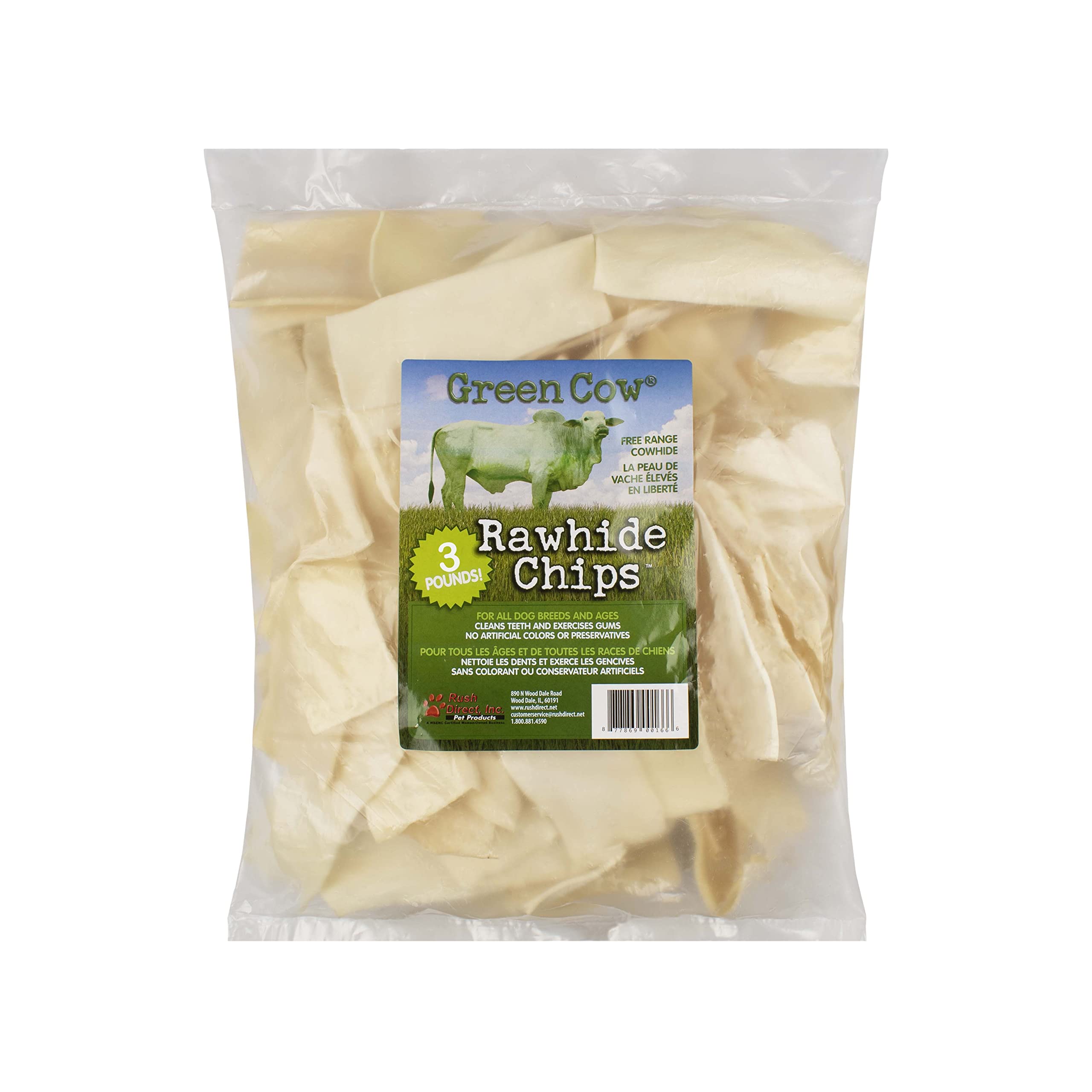 GreenCow Rawhide Chips en bolsa de 3 libras para masticación prolongada.