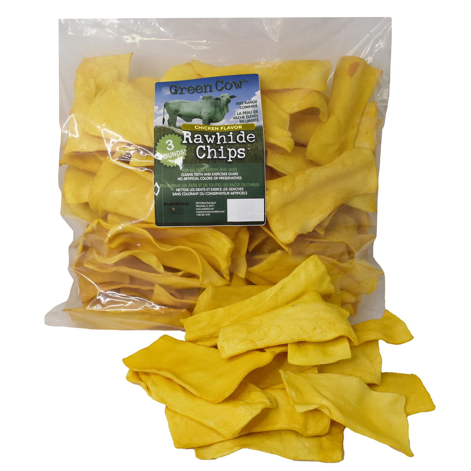 GreenCow Rawhide Chips sabor pollo: masticación prolongada para sesiones de juego.