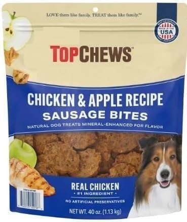 GreenFoods Bocaditos de salchicha pollo y manzana, bolsa, snack natural para perros activos