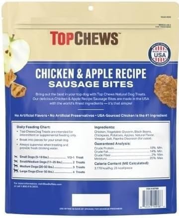 GreenFoods Bocaditos de salchicha pollo y manzana, etiqueta, snack natural para perros energéticos