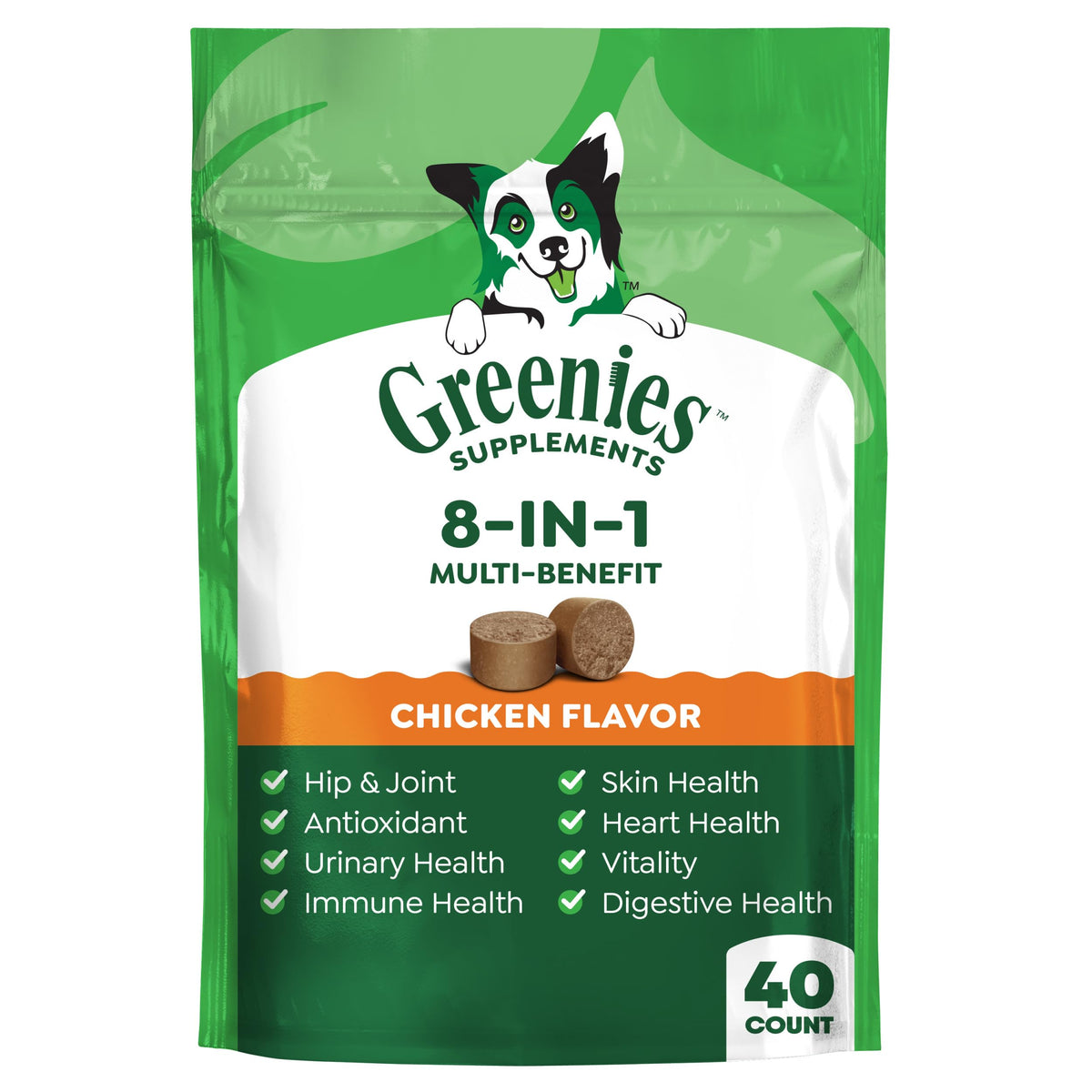 Greenies 8-in-1 dog supplements bottle with chicken-flavored chews for daily use.