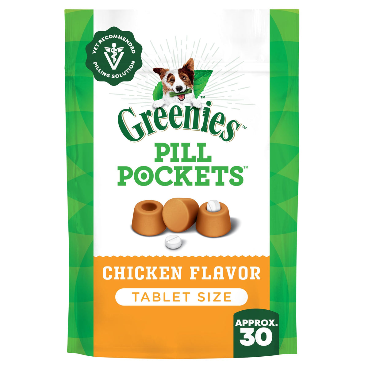 Greenies bolsillos-pastillas-perro-pollo, primer plano: facilita administrar pastillas sin estresar al perro.