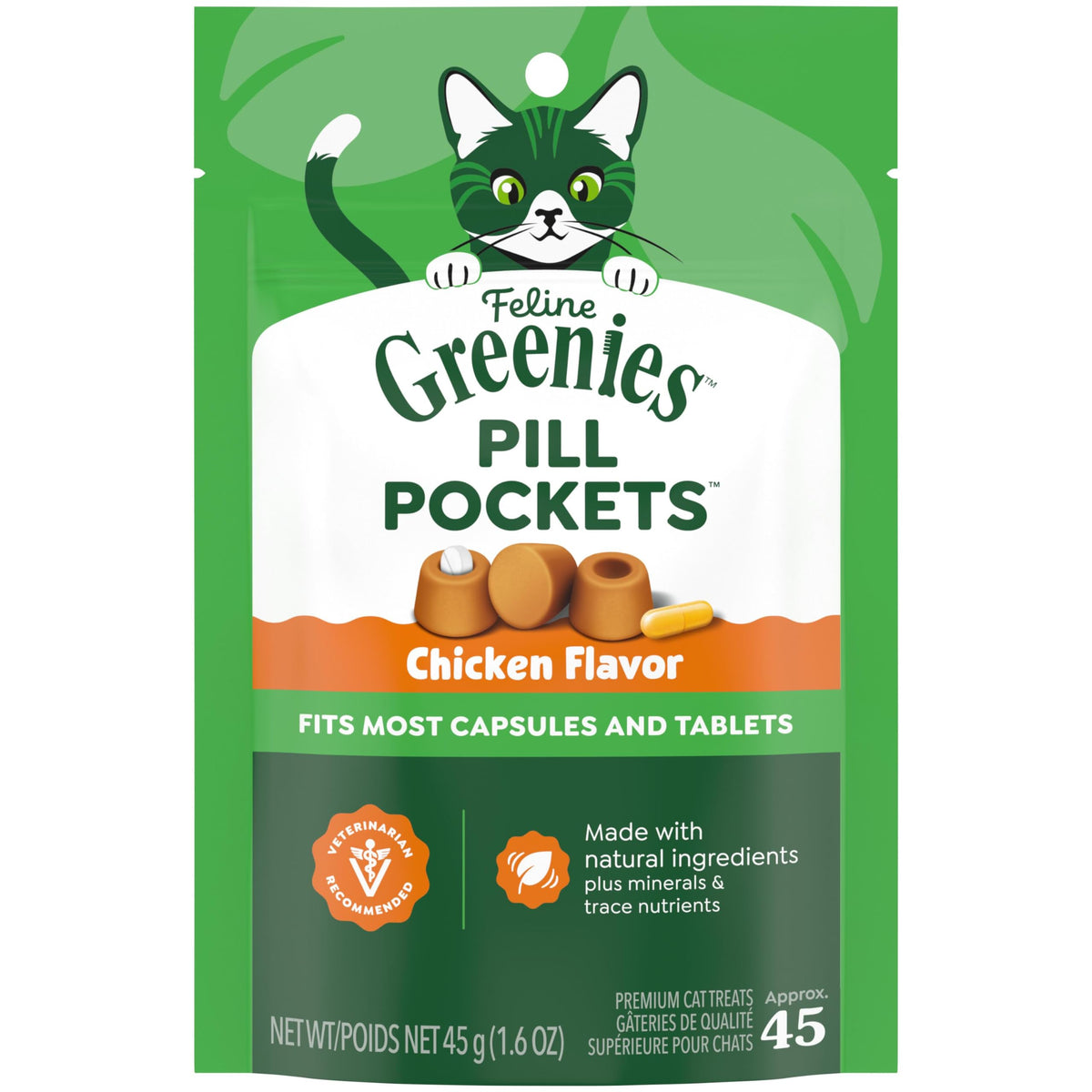 Greenies bolsitas pastillas gato: paquete 45 tratamientos, sabor pollo para medicación más fácil.