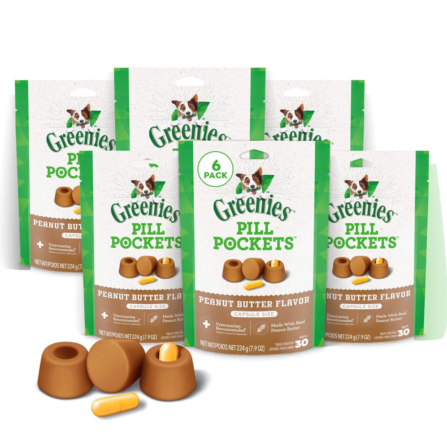 Greenies bolsitas de píldoras para perro con la bolsa abierta, facilita la toma.