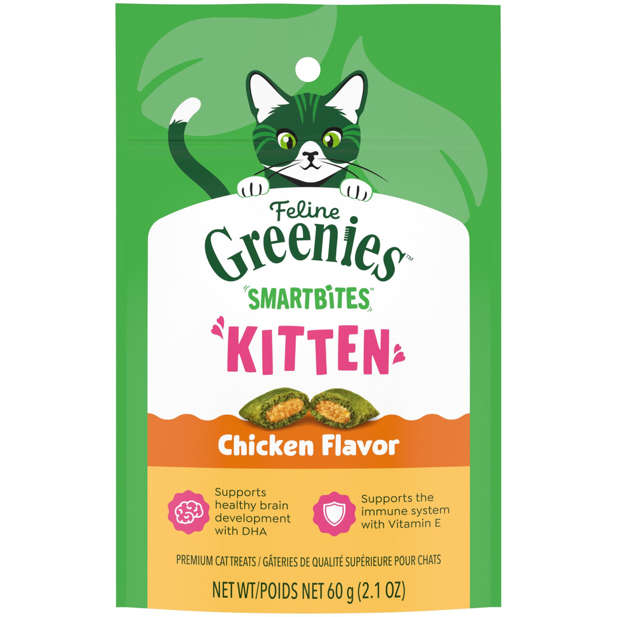 Greenies Feline Smartbites gatitos, envase visible, premio diario para gatitos