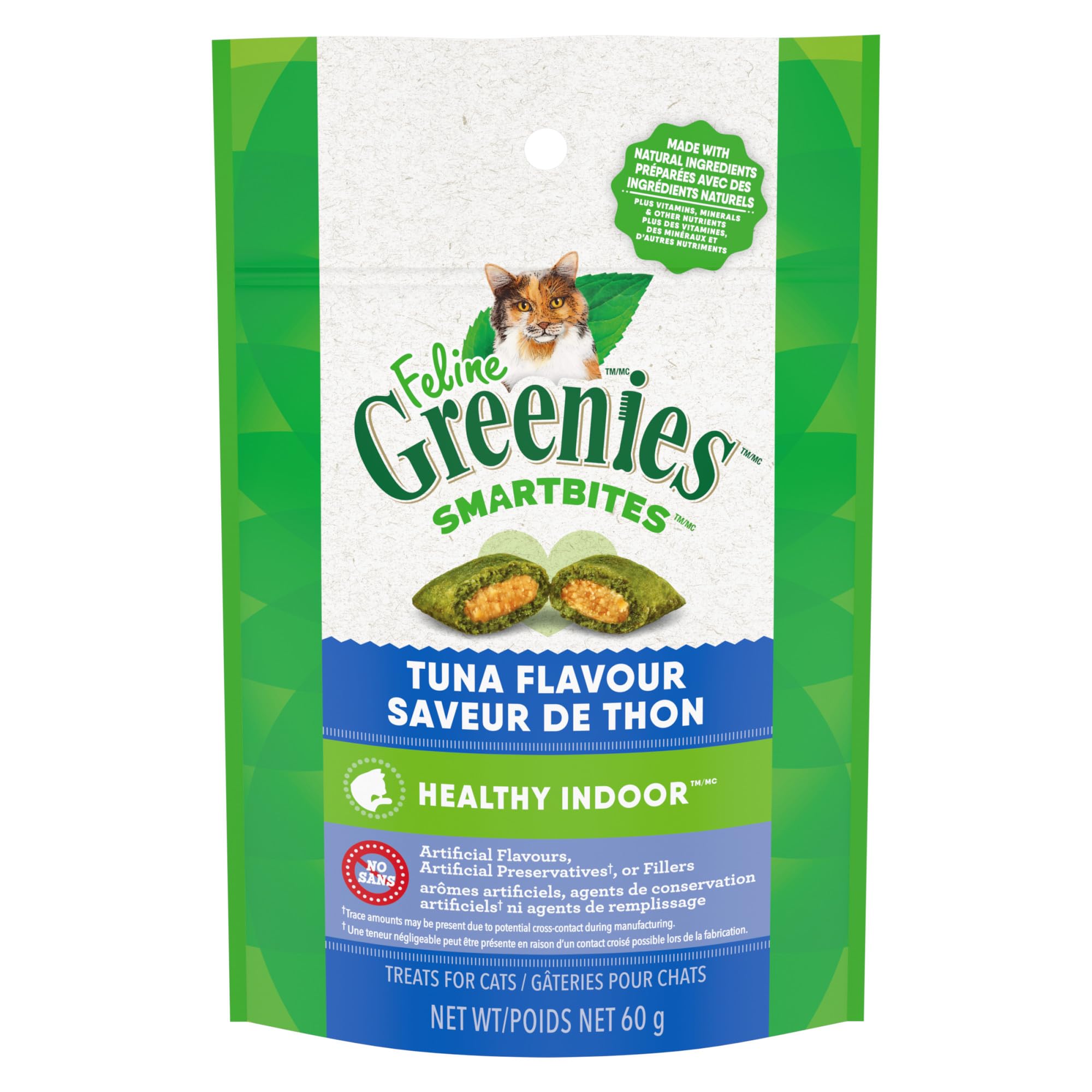 Greenies Feline Smartbites, paquete 2.1 oz, ideal para premiar gatos de interior.