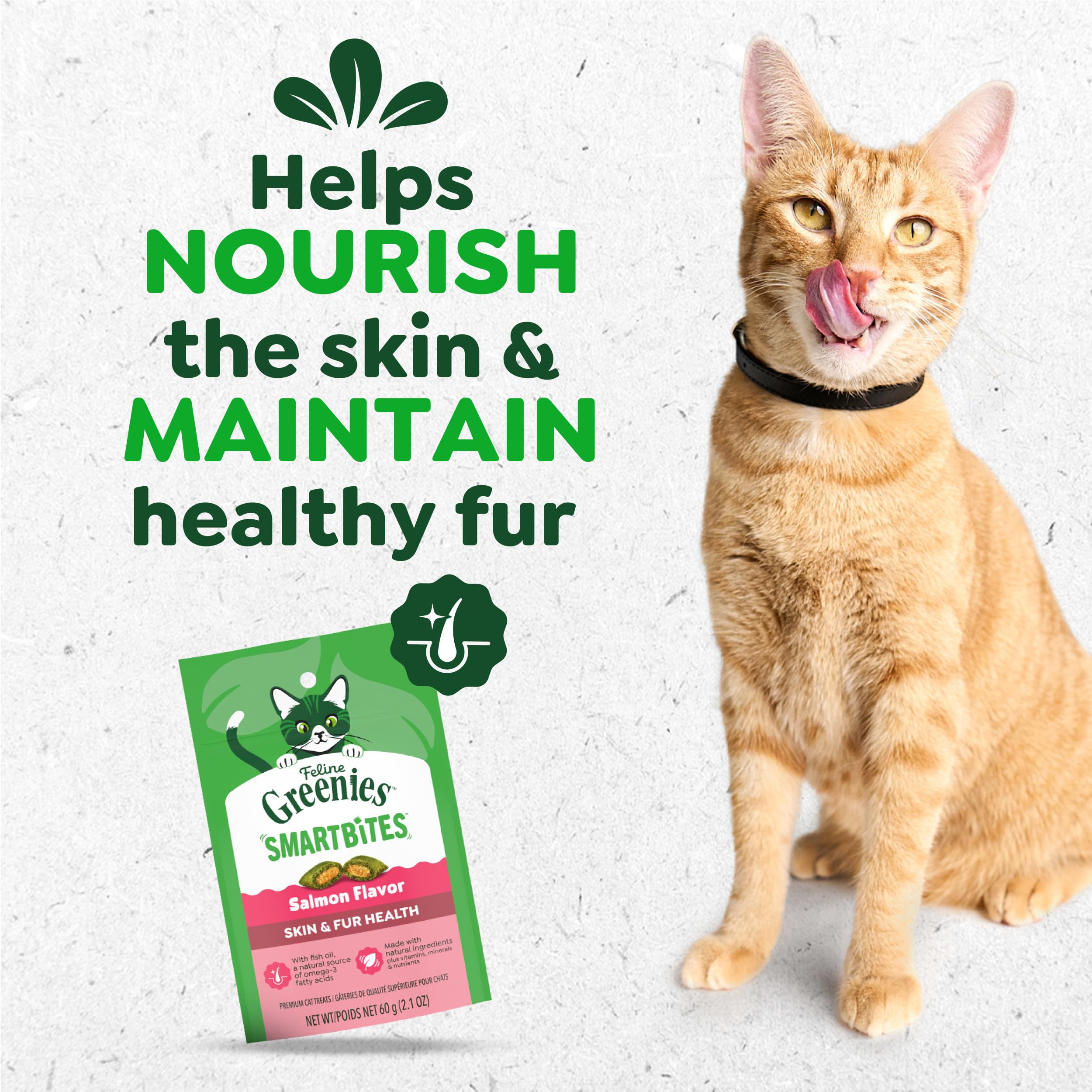 Greenies Gato Smartbites textura crujiente-suave, sabor salmón, ideal para recompensa.