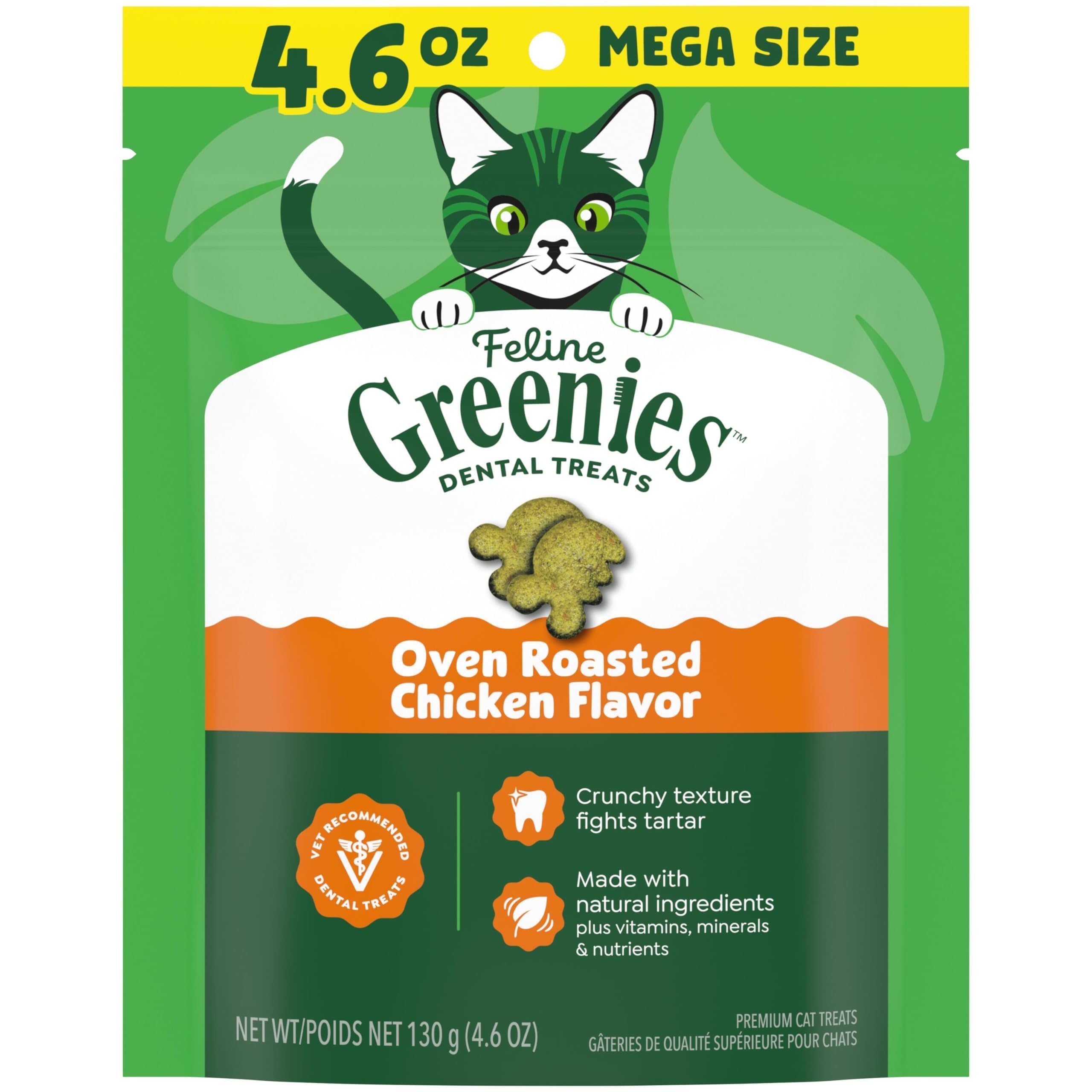 Greenies para gatos: empaque de 4.6 oz con sabor pollo asado para cuidado dental diario.
