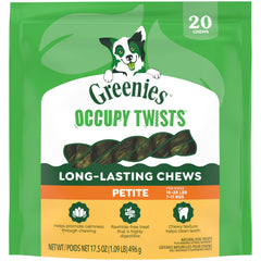 Greenies Occupy Twists empaque visible para perros ocupados.
