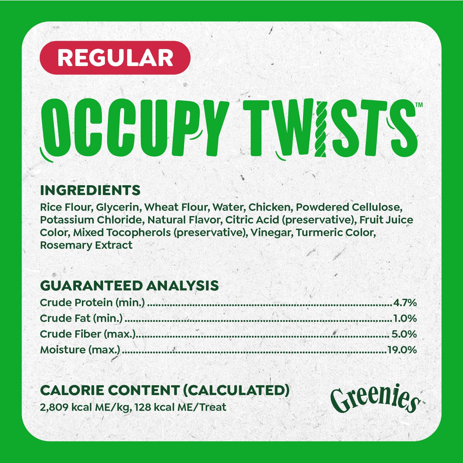 Greenies Occupy Twists: ingredientes naturales con minerales para una experiencia segura.