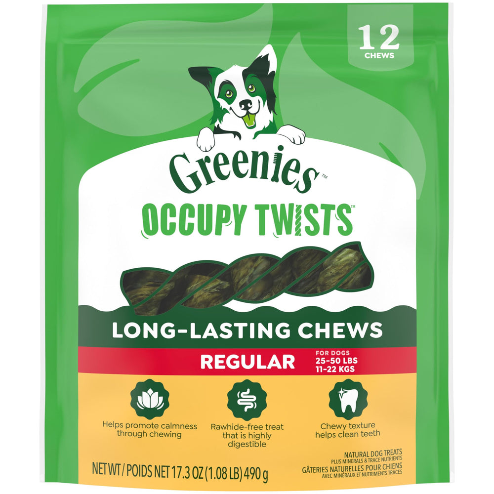 Greenies Occupy Twists: vista del paquete, snack dental natural para perros.