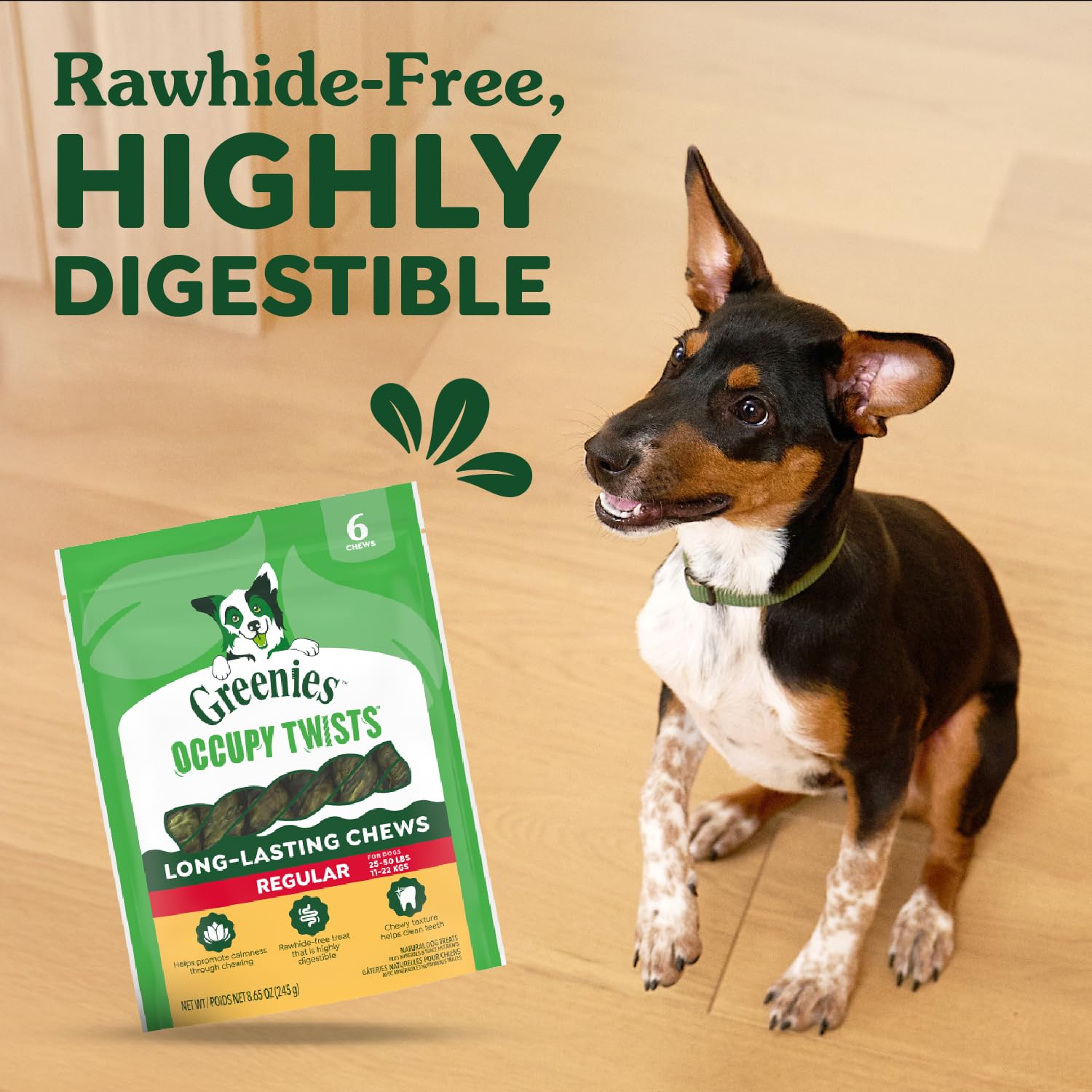 Greenies Occupy Twists: textura masticable de este snack asegura disfrute prolongado.