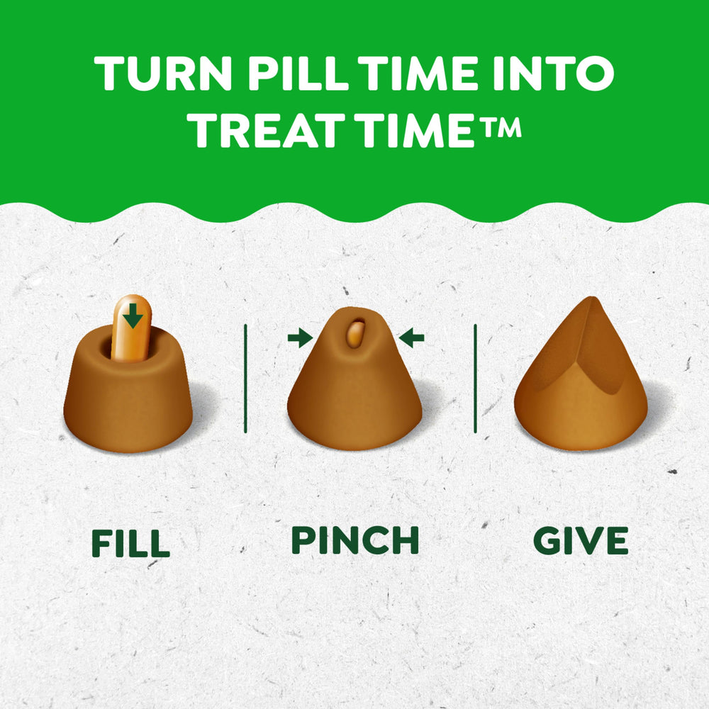 Greenies Pill Pockets, cápsula dentro de la bolsita, toma rápida y fácil.