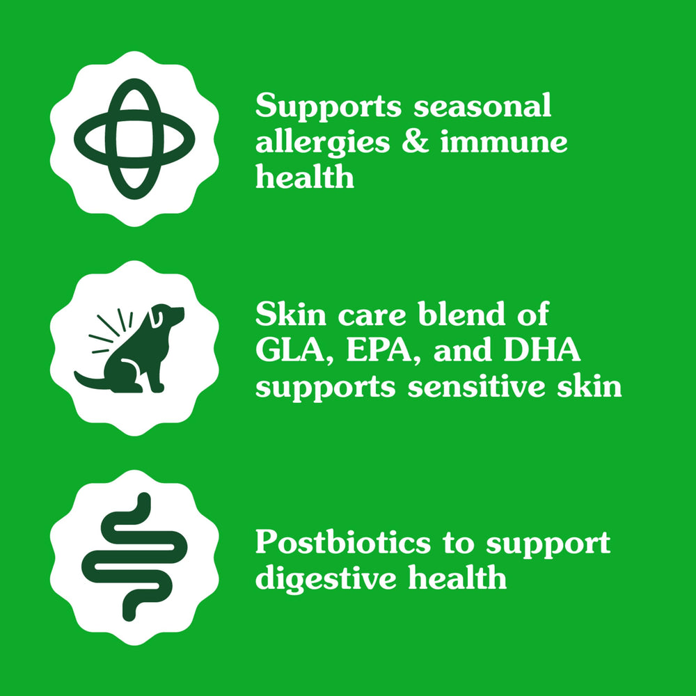 Greenies Sensitive Care: postbiotico levadura, apoyo digestivo.