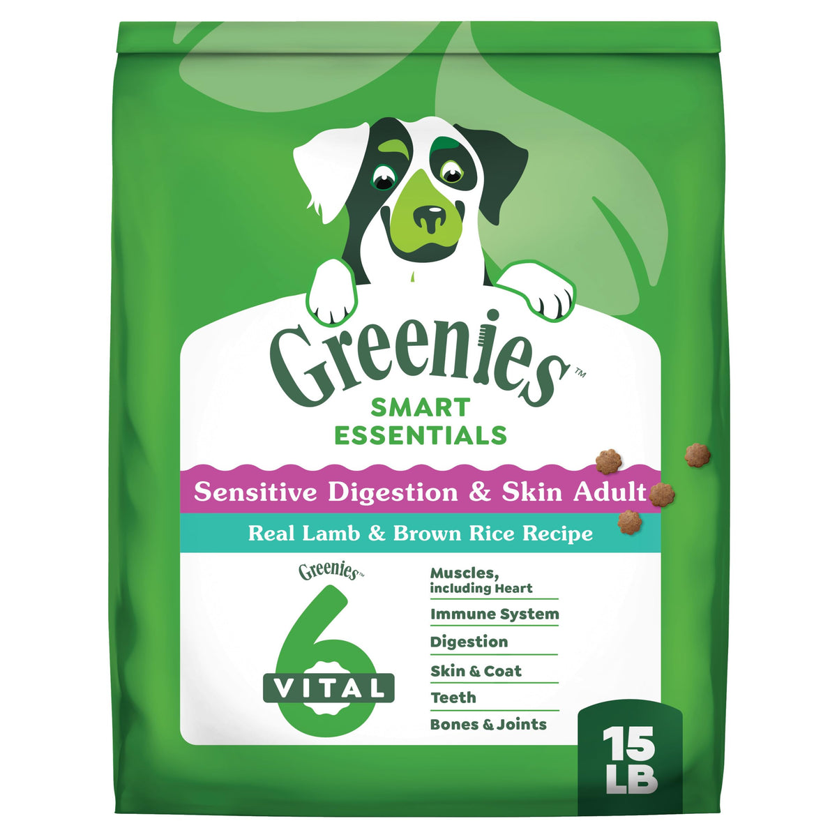 Greenies Smart Essentials en bolsa; enfoque en digestión suave y piel saludable.