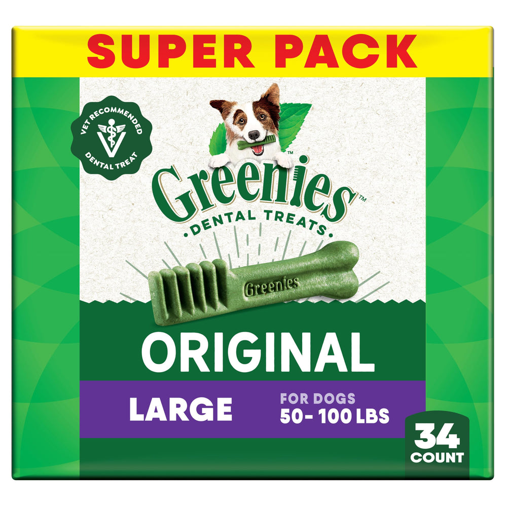 Greenies: frente del empaque con tratamiento dental para perro grande, apoyo al aliento fresco.