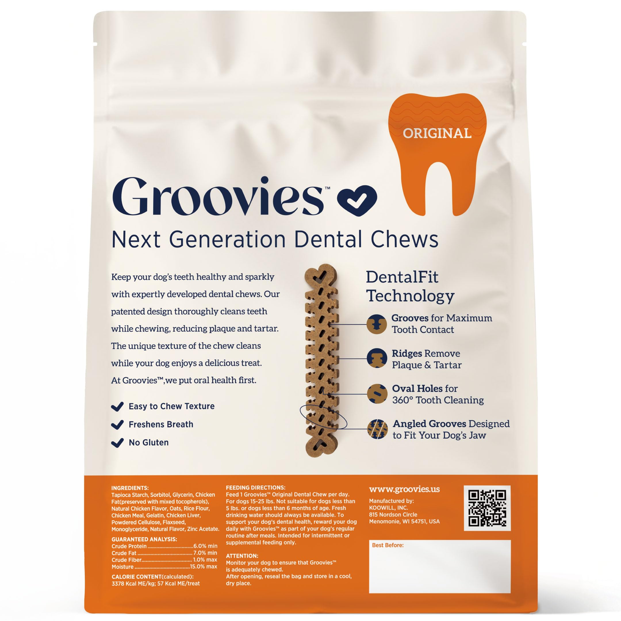 Groovies DentalFit muestra textura flexible para masticación cómoda.