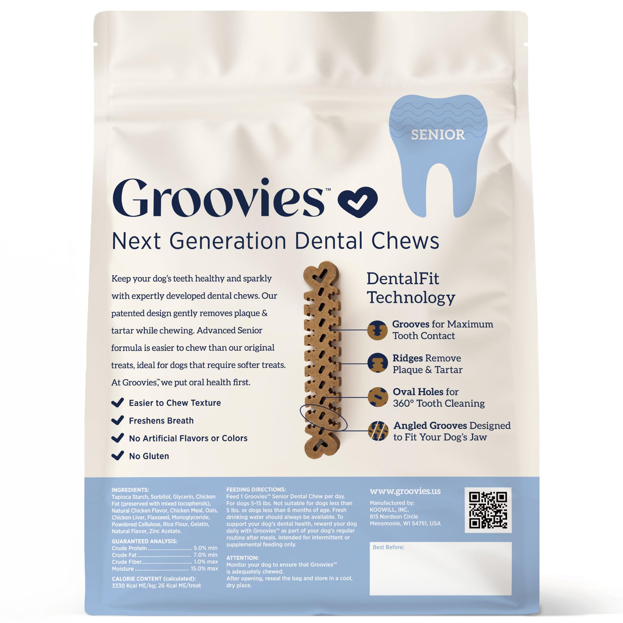Textura flexible de Groovies Senior facilita una masticación suave.