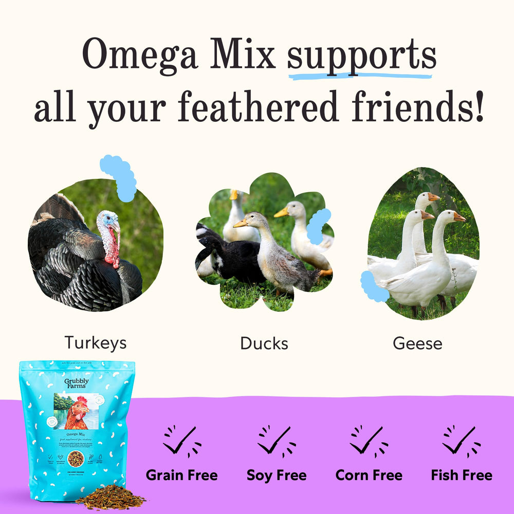 Grubbly Farms Omega Mix: envase sostenible y enfoque natural.