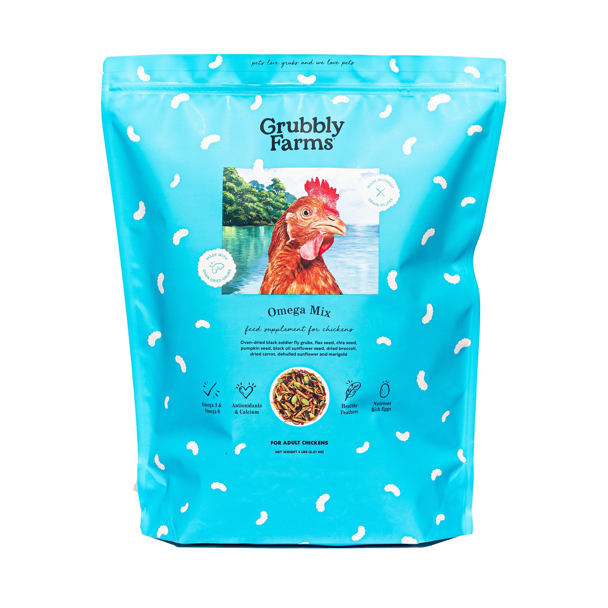 Grubbly Farms Omega Mix: envase frontal para gallinas ponedoras con Omega.