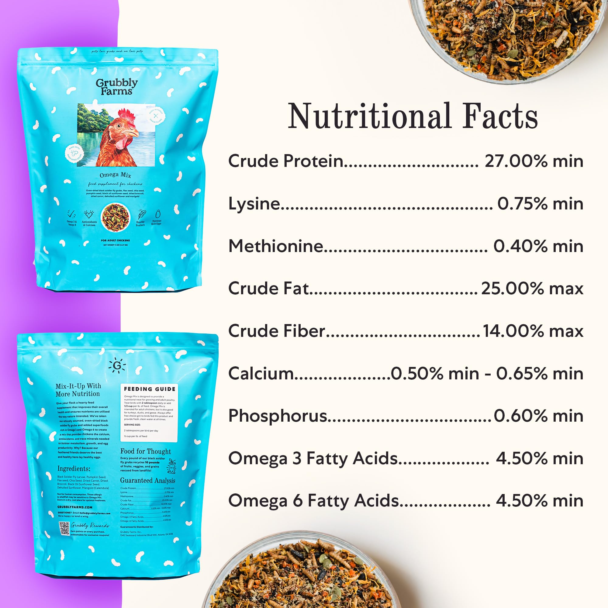 Grubbly Farms Omega Mix: mezcla de granos y semillas para nutrición equilibrada.