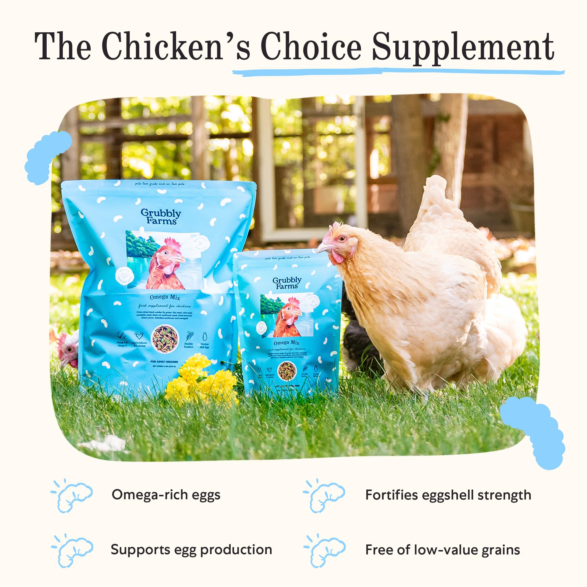 Grubbly Farms Omega Mix: snack diario para aves ponedoras.