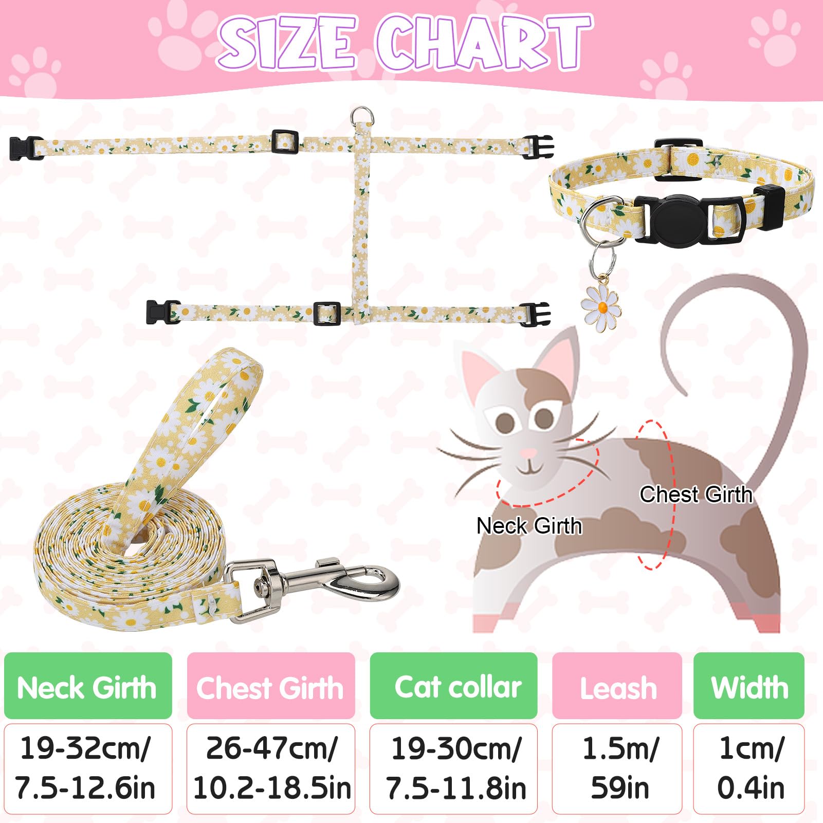 Guiqulai arnés gato floral diseño H ajustable: distribución cómoda en cuello y pecho.