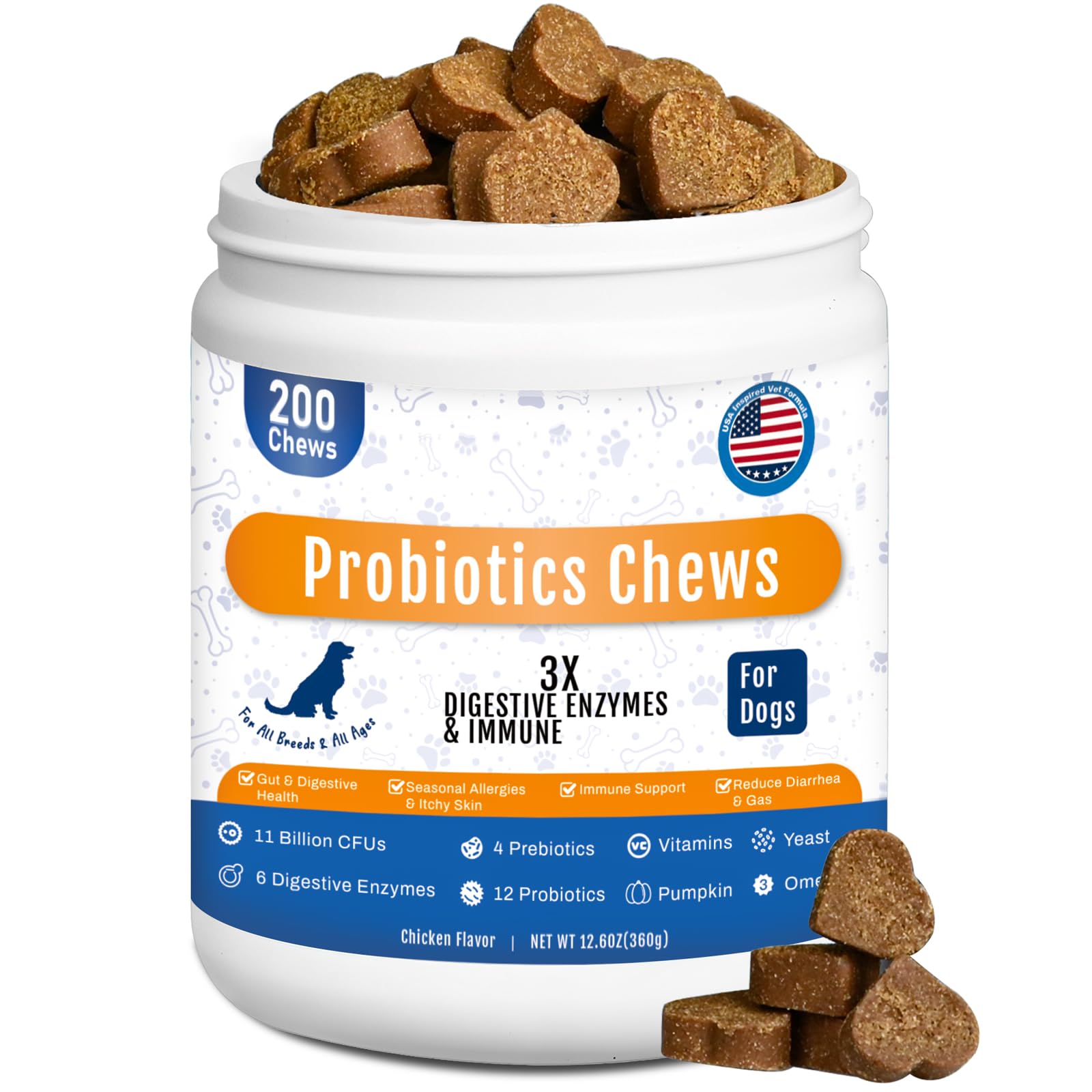 GuruAmi Probiotics para perros, presentación de masticables, apoyo digestivo diario.