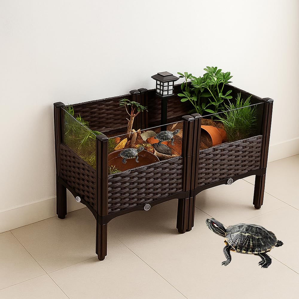 Caja de hábitat elevada para tortugas, configuraciones expansibles para adaptar el espacio.