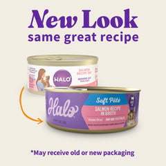 Halo paté húmedo de salmón, sin granos, excelente palatabilidad para gatos selectos.