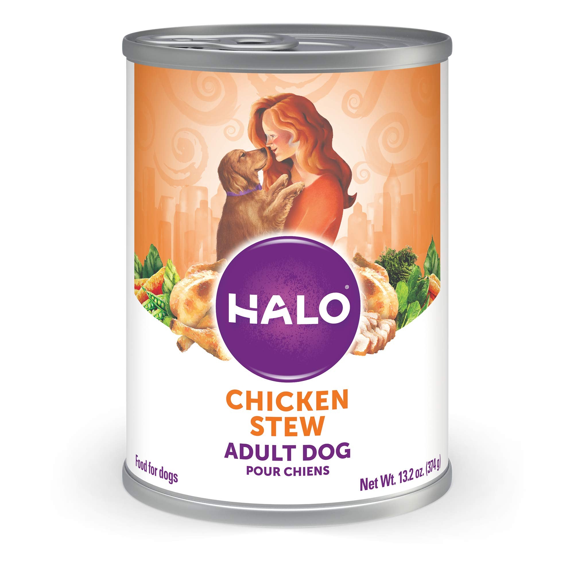 Halo Healthy Grains con pollo en caldo, ideal para hidratar perros adultos.