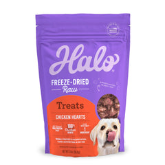 Halo corazones de pollo liofilizados en bolsa 2oz, fuente proteica natural para perros.