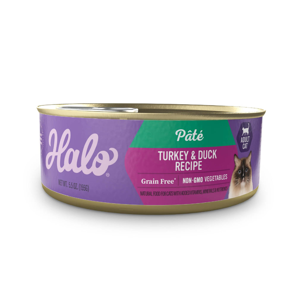 Halo Gato turquía y pato en lata, textura suave y mayor hidratación para degustación.