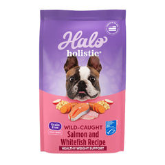 Halo Holistic, bolsa salmón salvaje y pescado blanco, ingrediente principal real para sabor y nutrición.