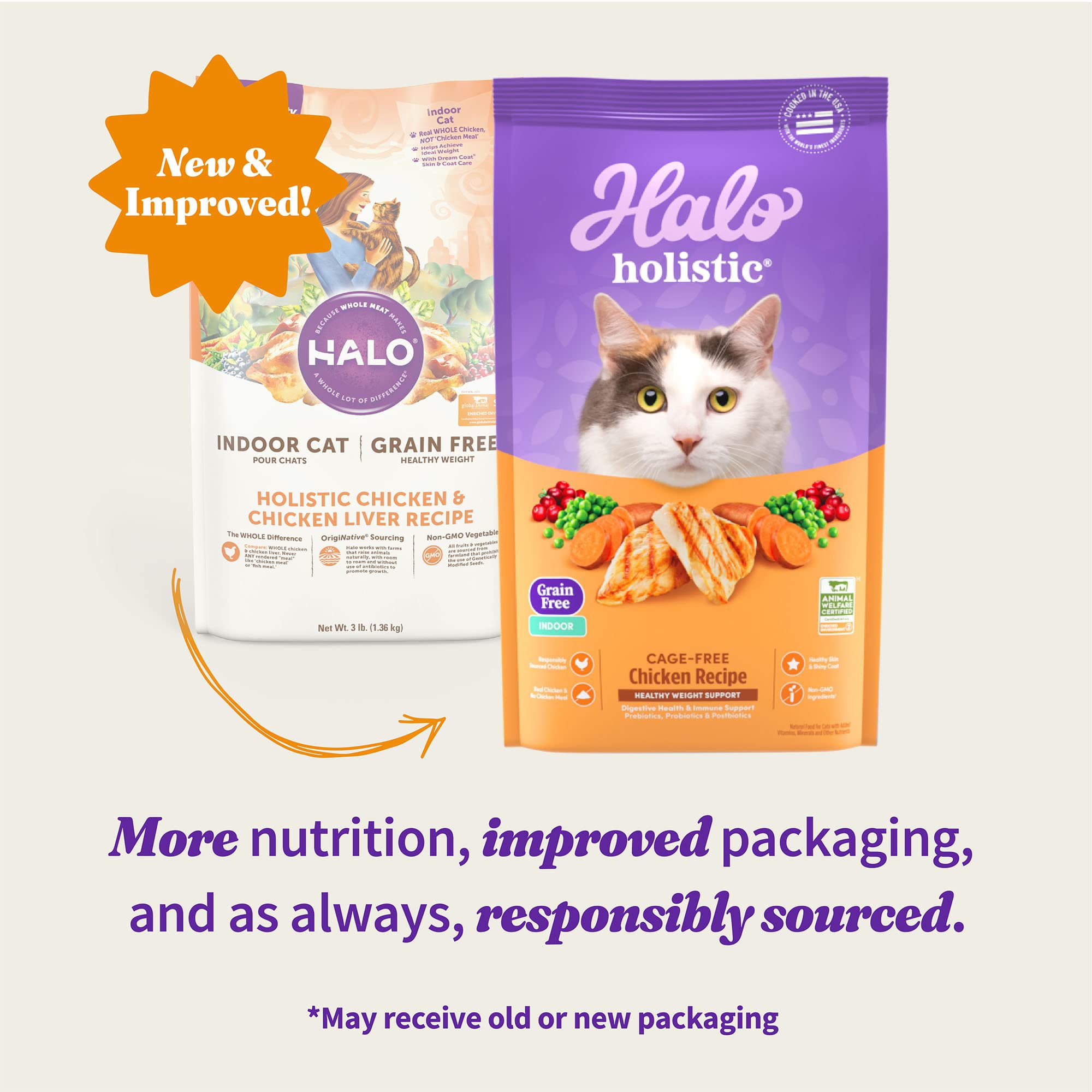 Halo Holistic pollo libre de jaula, ingrediente uno, soporte digestivo para gatos.