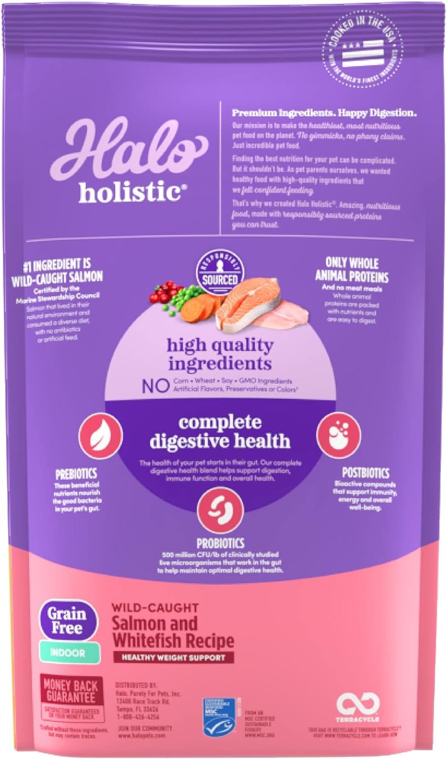 Halo Holística alimento seco para gatos, natural y sin granos.