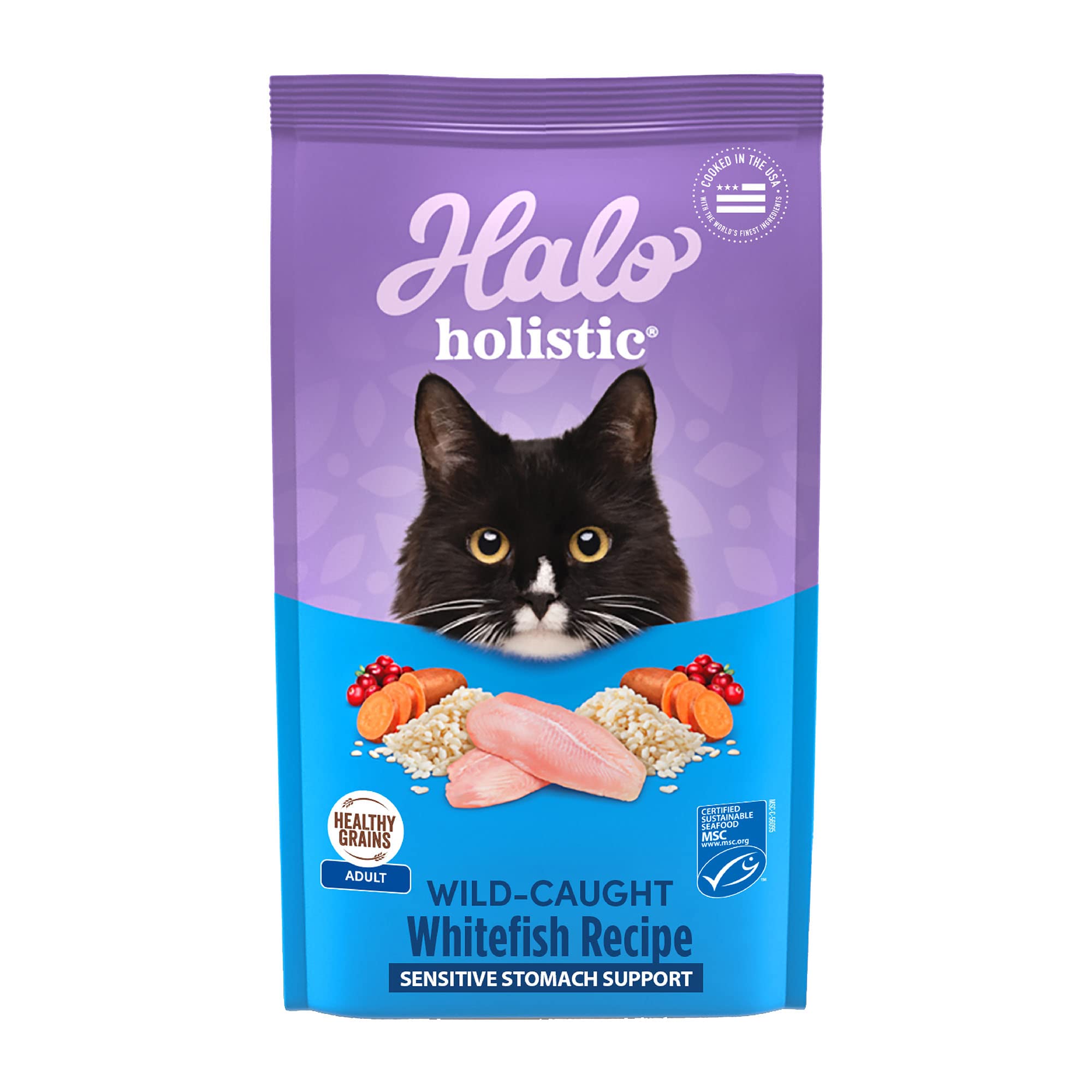Halo Holistico Gato Trucha Salvaje: envase frontal que destaca la proteína real para energia diaria