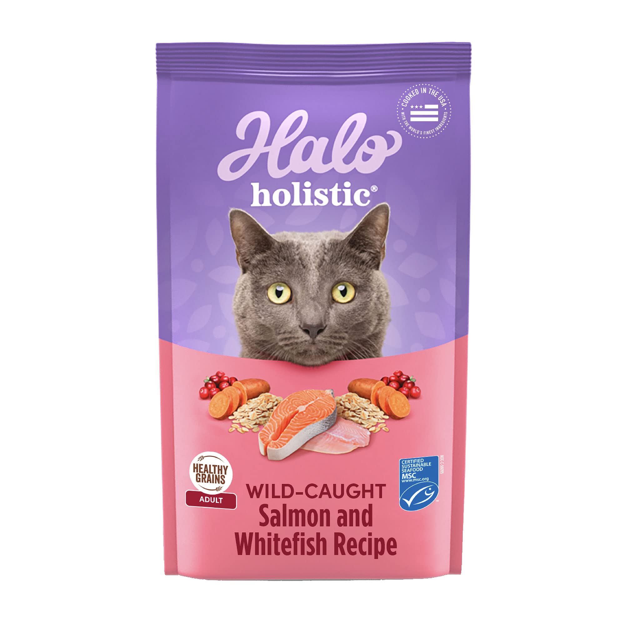 Halo Holistic salmón y blanco, bolsa 10 libras: nutrición completa para gatos adultos.
