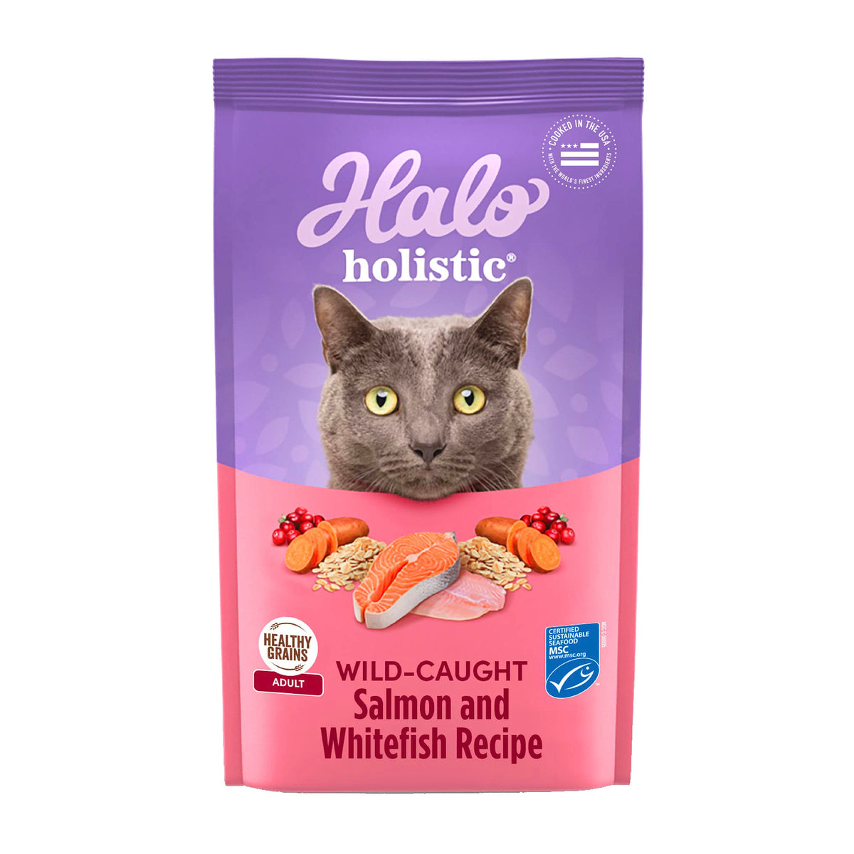 Halo Holistic salmón y blanco, bolsa 10 libras: nutrición completa para gatos adultos.
