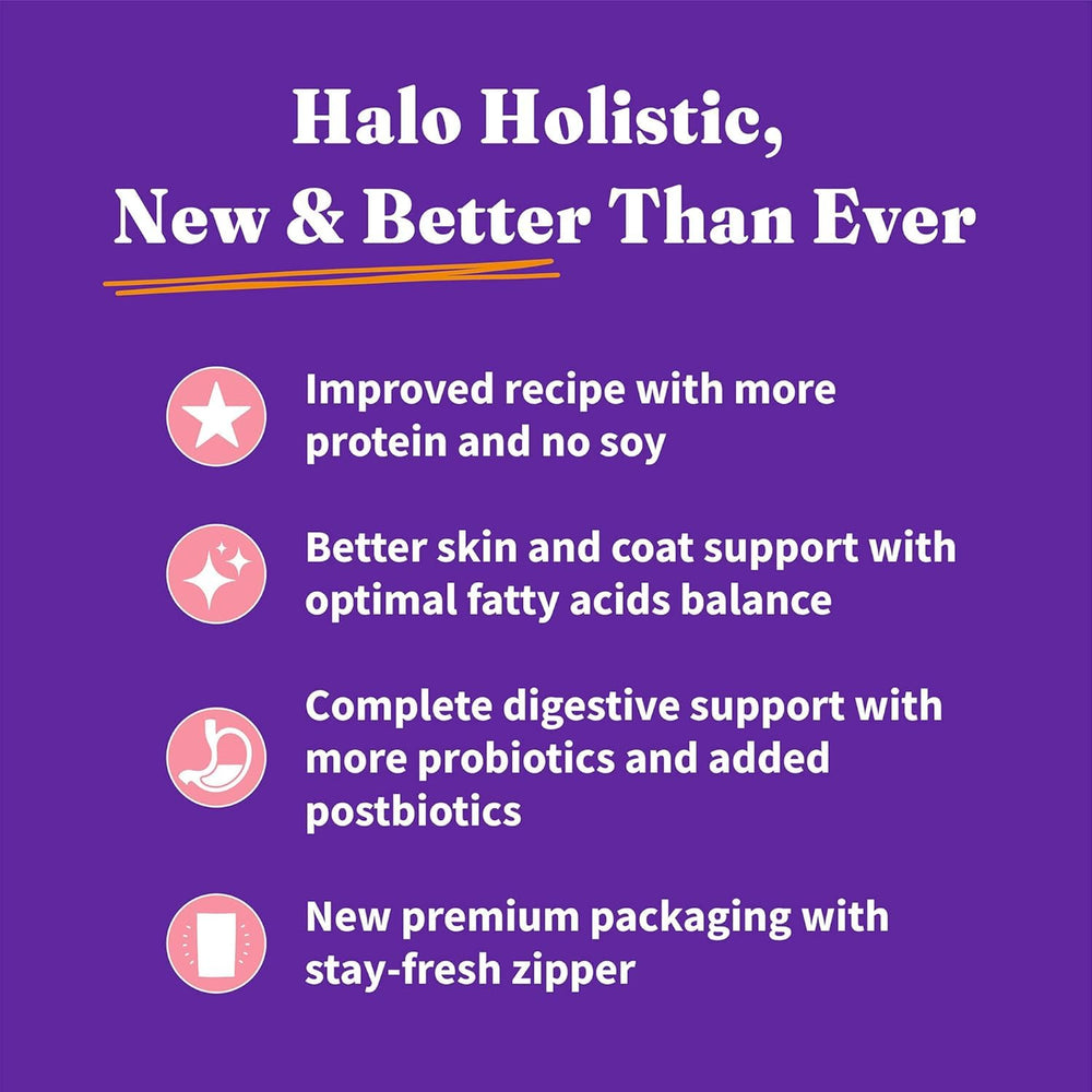Halo Holistic sin granos: sin maíz, trigo ni soja; ideal para dietas sensibles.