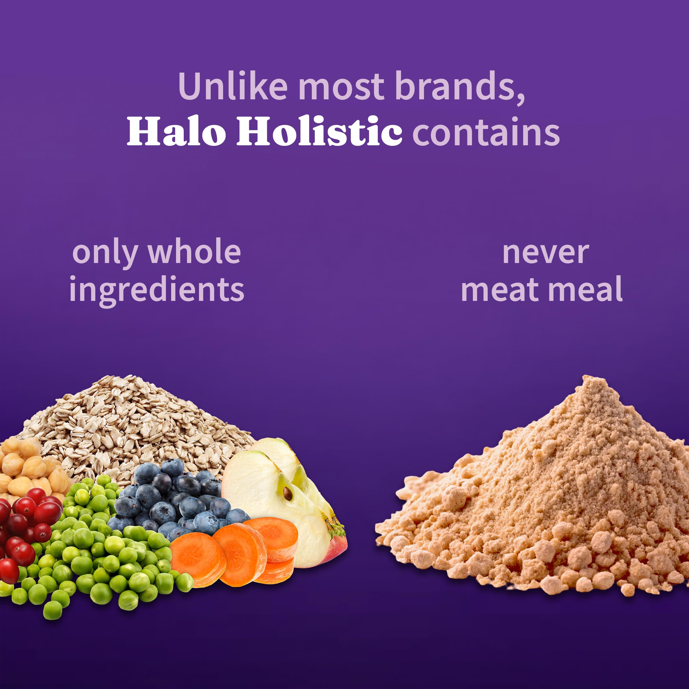 Halo Holístico Vegano para perros, DHA-omega-3 destacado, apoyo para piel y pelaje.