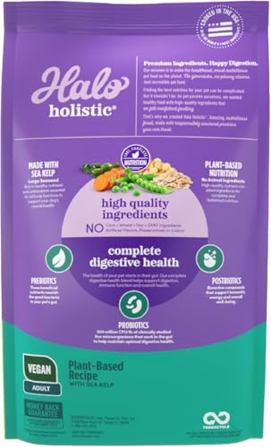 Halo Holístico Vegano para perros, kibble en primer plano, muestra textura crujiente.