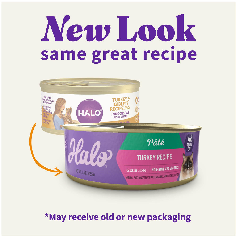 Halo pate suave para gatos, textura y sabor de pavo real.
