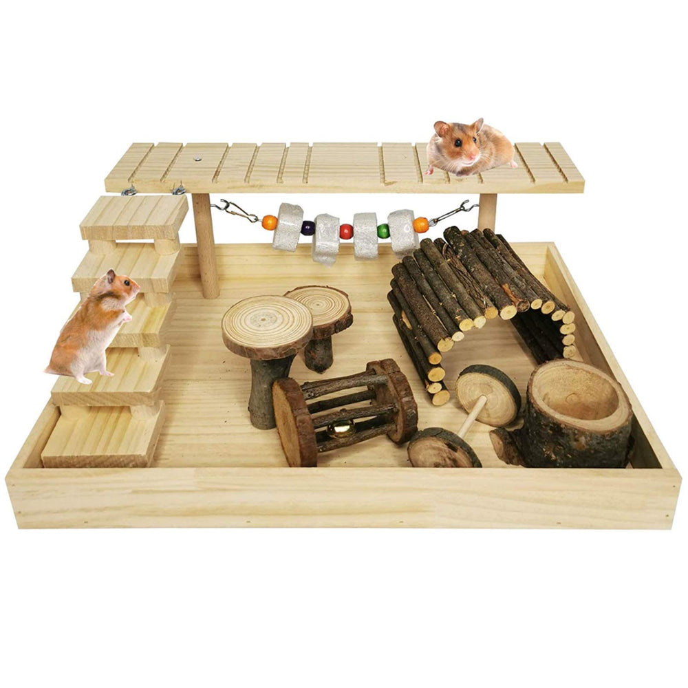 Parque Hamiledyi para hámster enano con plataforma de madera para juego.